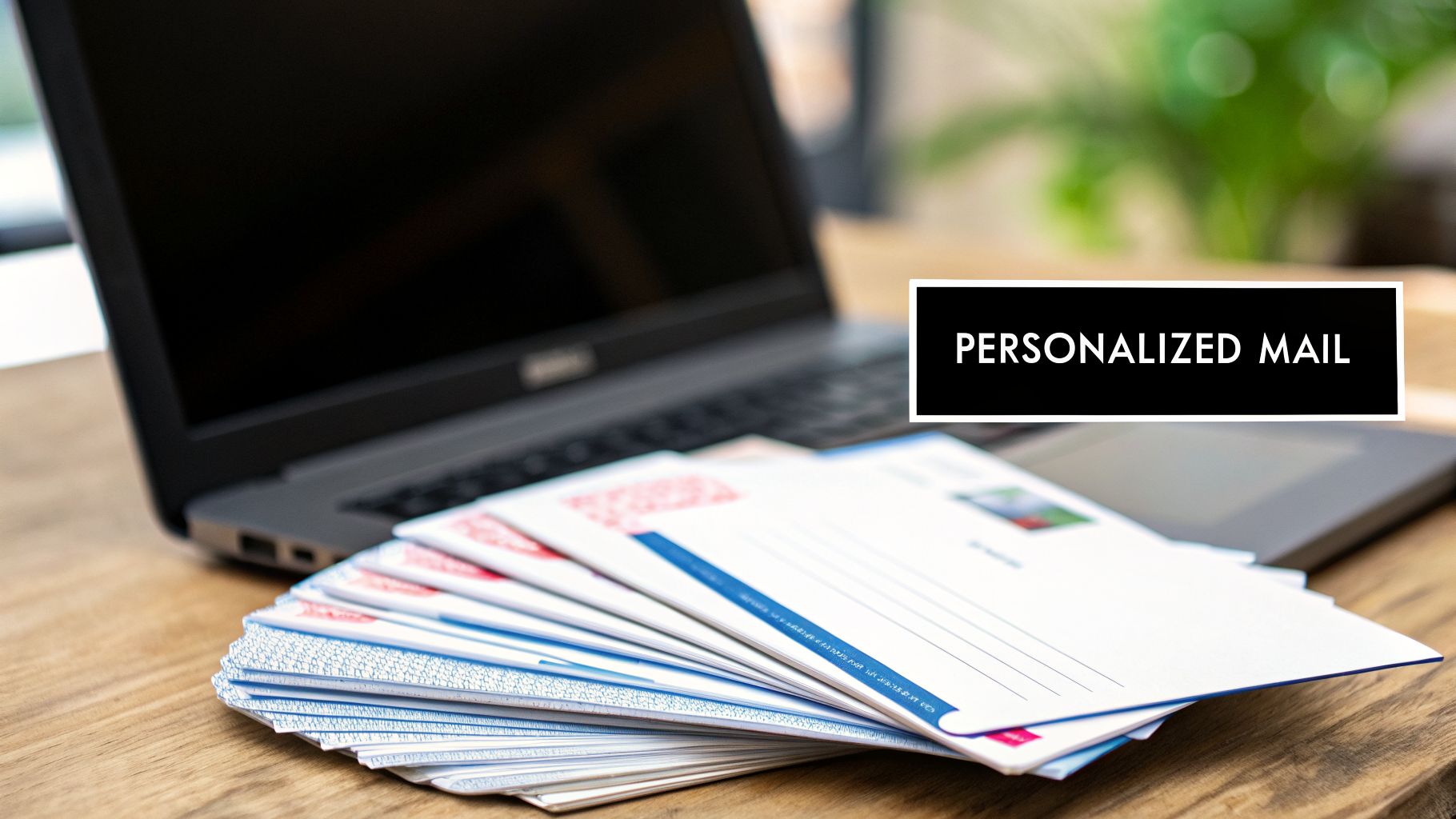Stack of personalized mail envelopes on a wooden desk with a laptop in the background.