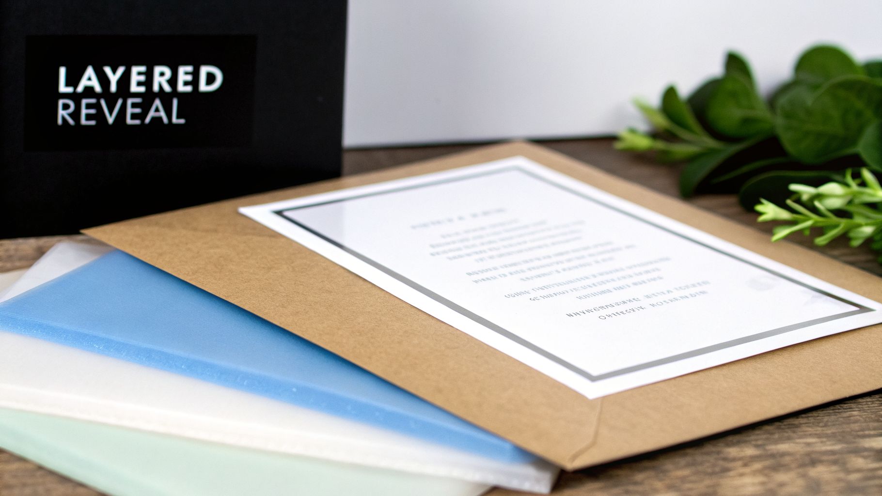 Stylish wedding invitation set featuring layered vellum sheets, a kraft envelope, and a classic printed card.