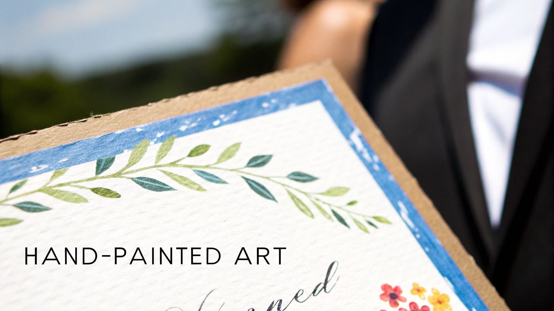 A close-up of a hand-painted wedding invitation with green leaves and colorful flowers on textured paper.