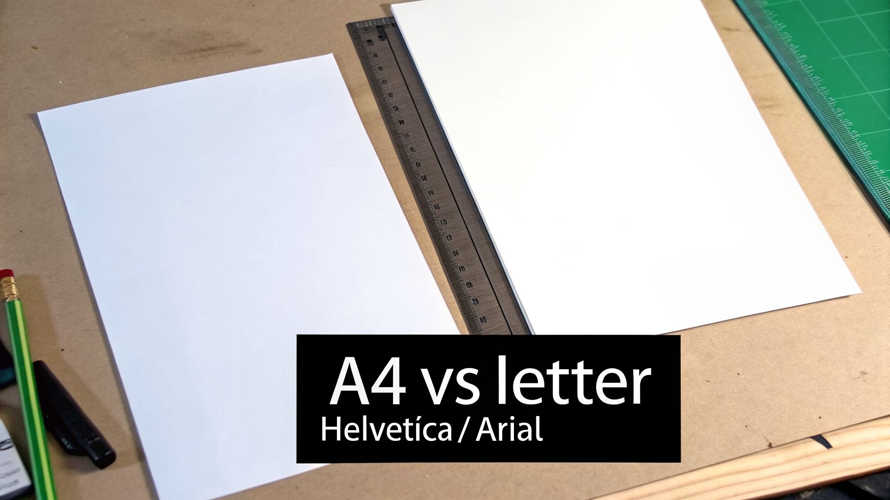 Comparison of A4 and Letter paper sizes with a ruler on a work surface.
