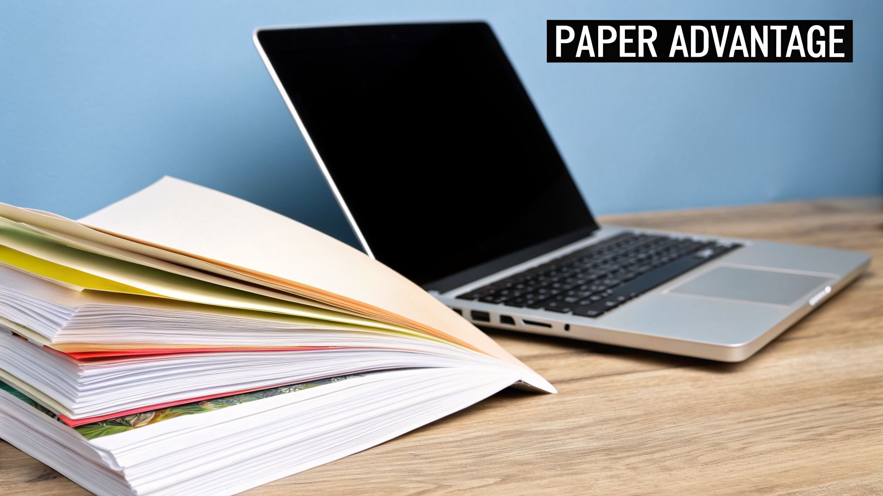 A neat stack of multi-colored papers next to an open silver laptop on a wooden desk.