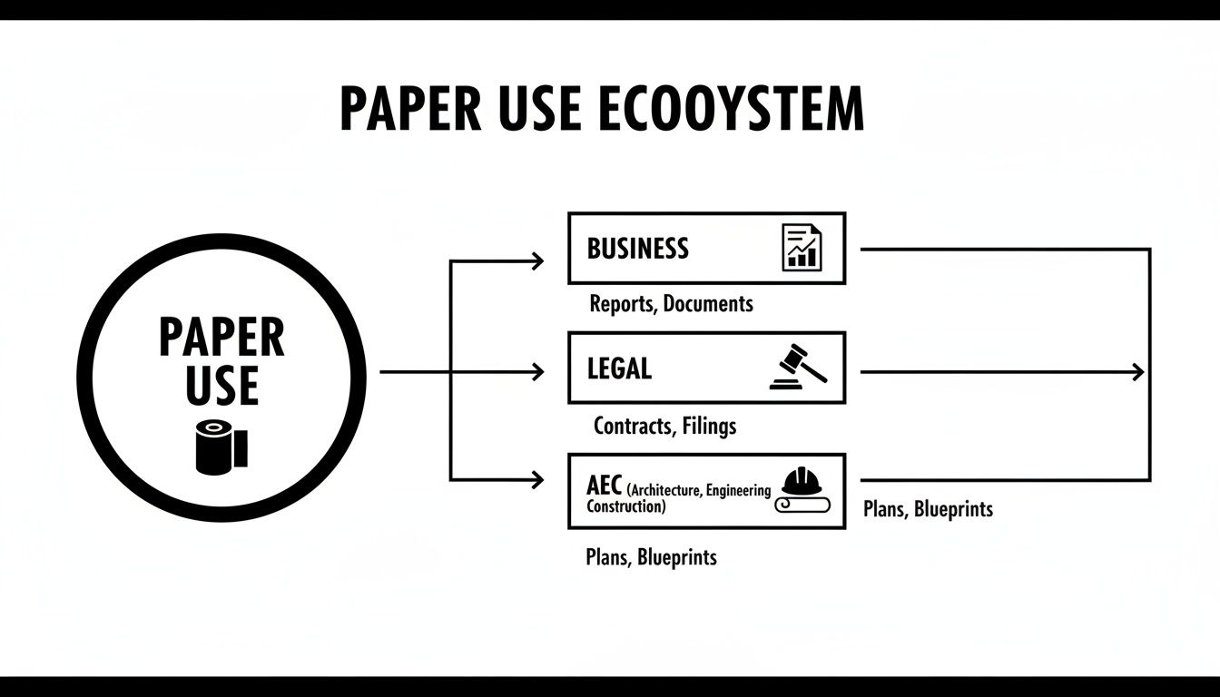 Diagram illustrating the paper use ecosystem, showing applications in business, legal, and AEC sectors.