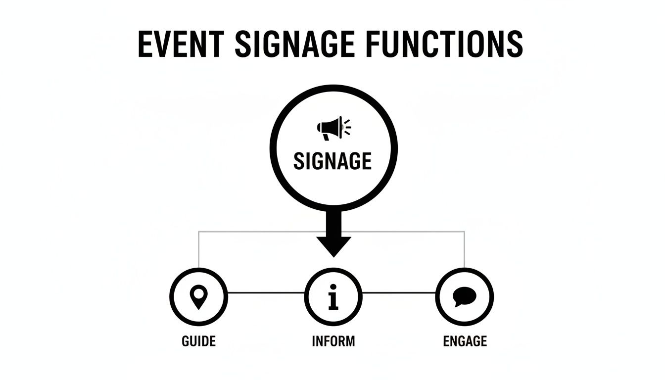 Diagram illustrating the three key functions of event signage: to guide, inform, and engage attendees.