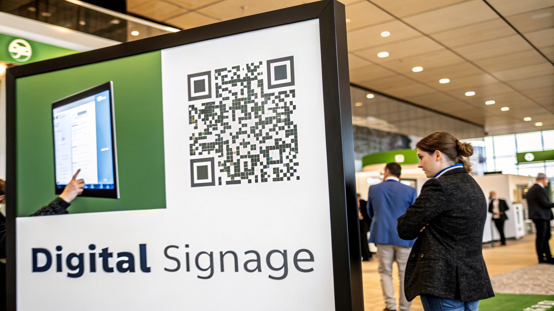 Woman observing a digital signage display with a QR code and interactive tablet at a conference.