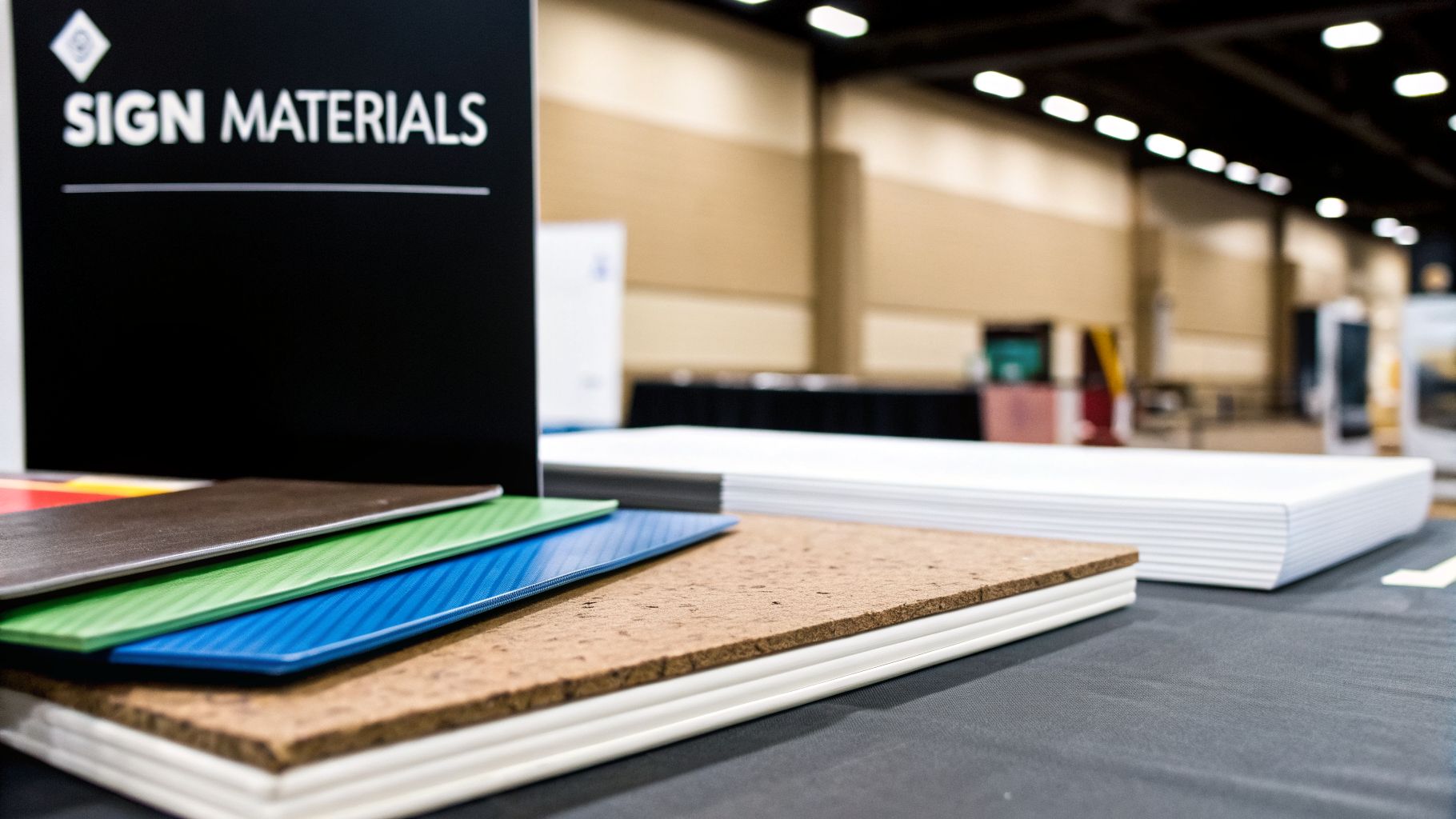 Close-up of diverse sign materials like colored panels and cork on a table at an exhibition.