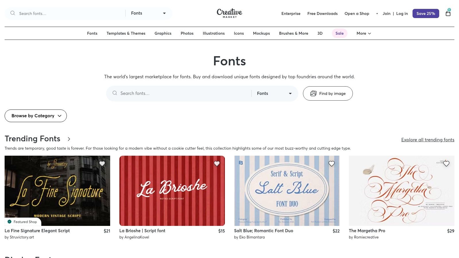 Creative Market user interface showing a font family's product page