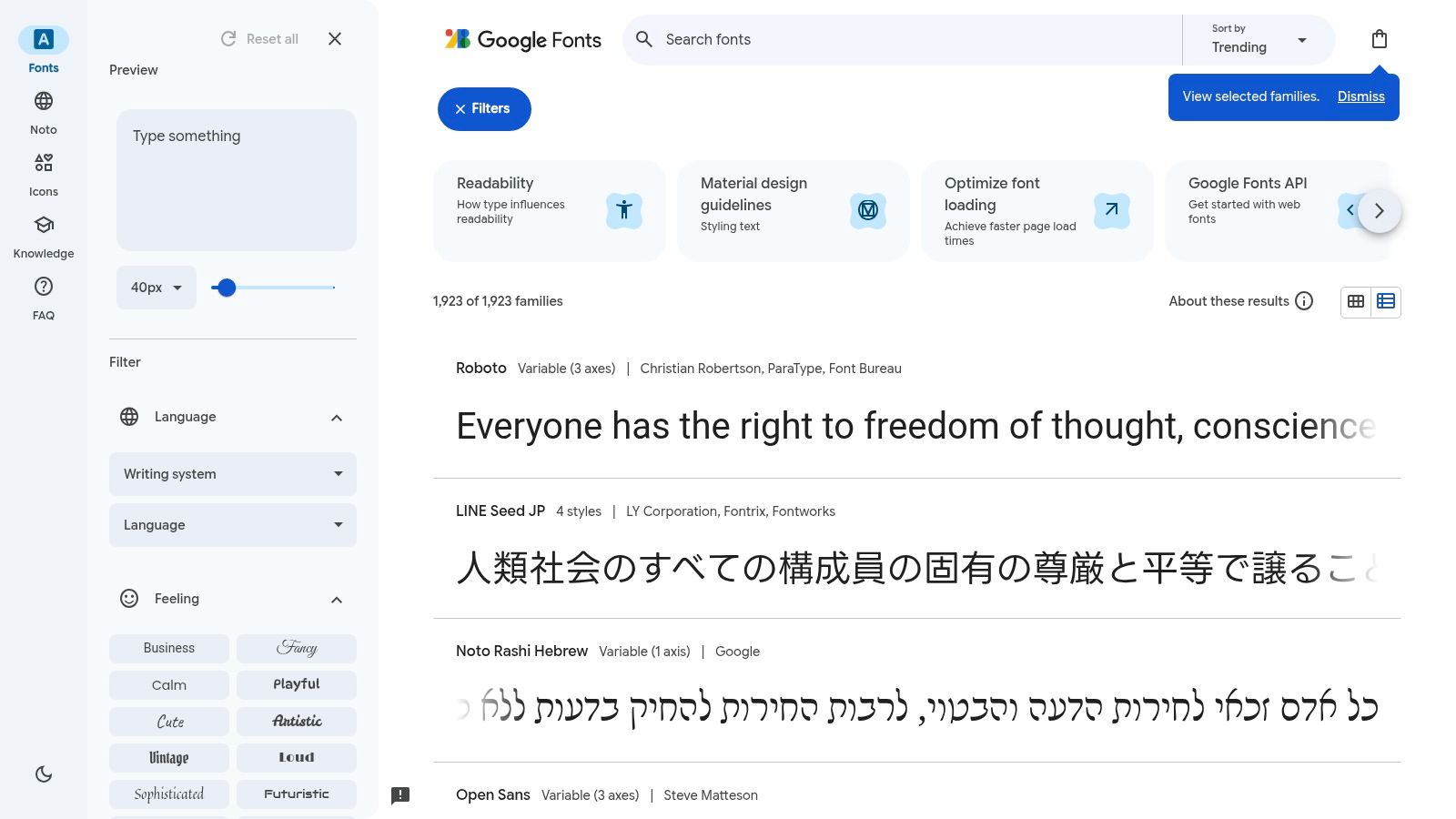 Google Fonts user interface showing font browsing and filtering options