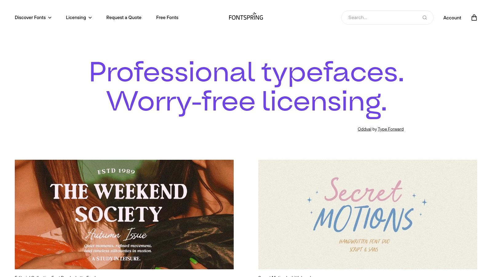 Fontspring user interface showing a font family and licensing options