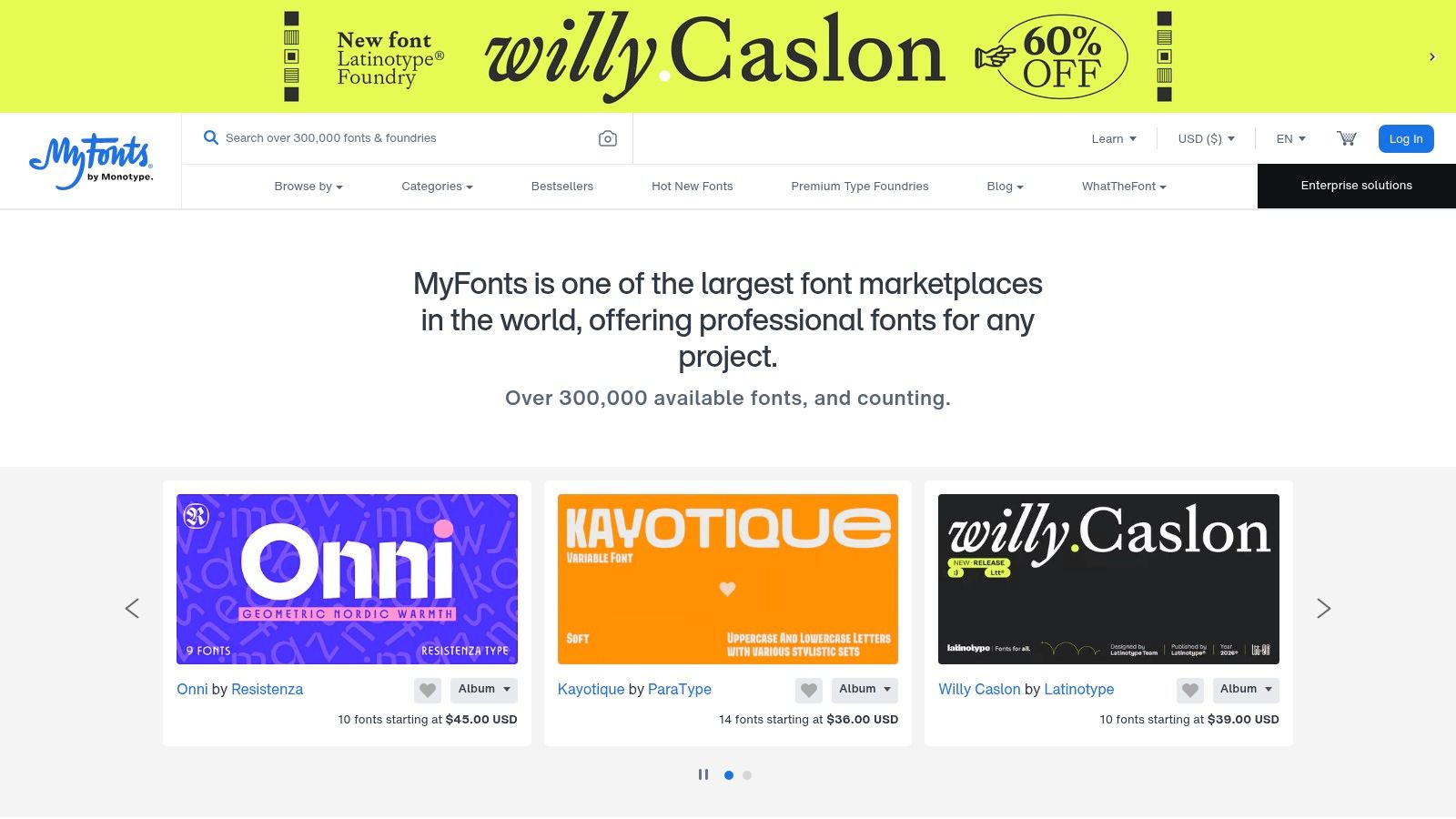 MyFonts (Monotype marketplace) user interface showing font browsing and filtering options