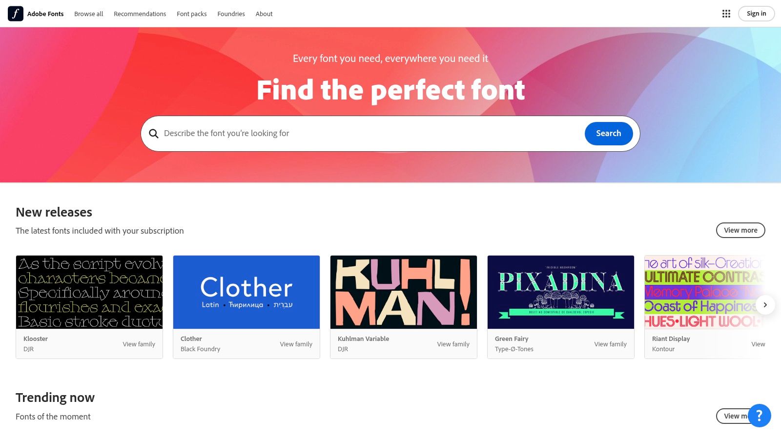 Adobe Fonts user interface showing font browsing and filtering options