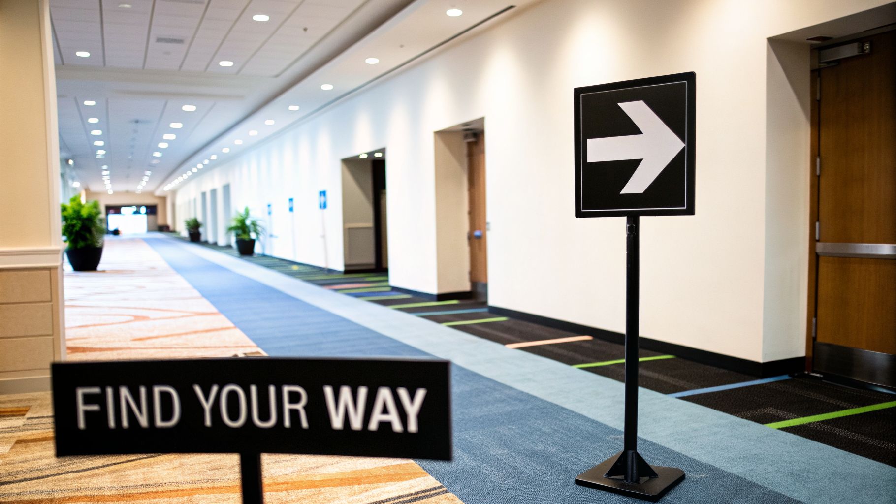 Two directional signs in a long, well-lit hallway guiding visitors, with one showing an arrow.