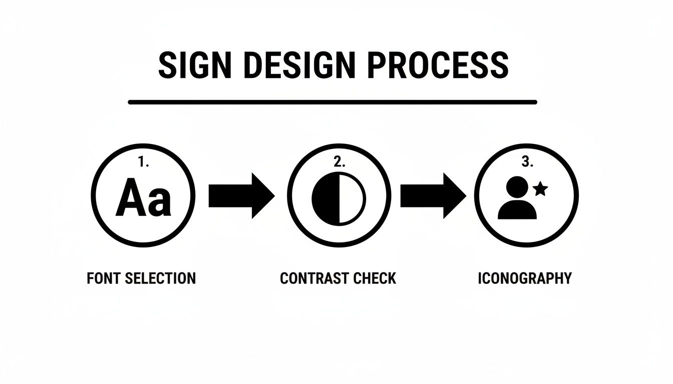Diagram illustrating the sign design process, showing font selection, contrast check, and iconography as three sequential steps.