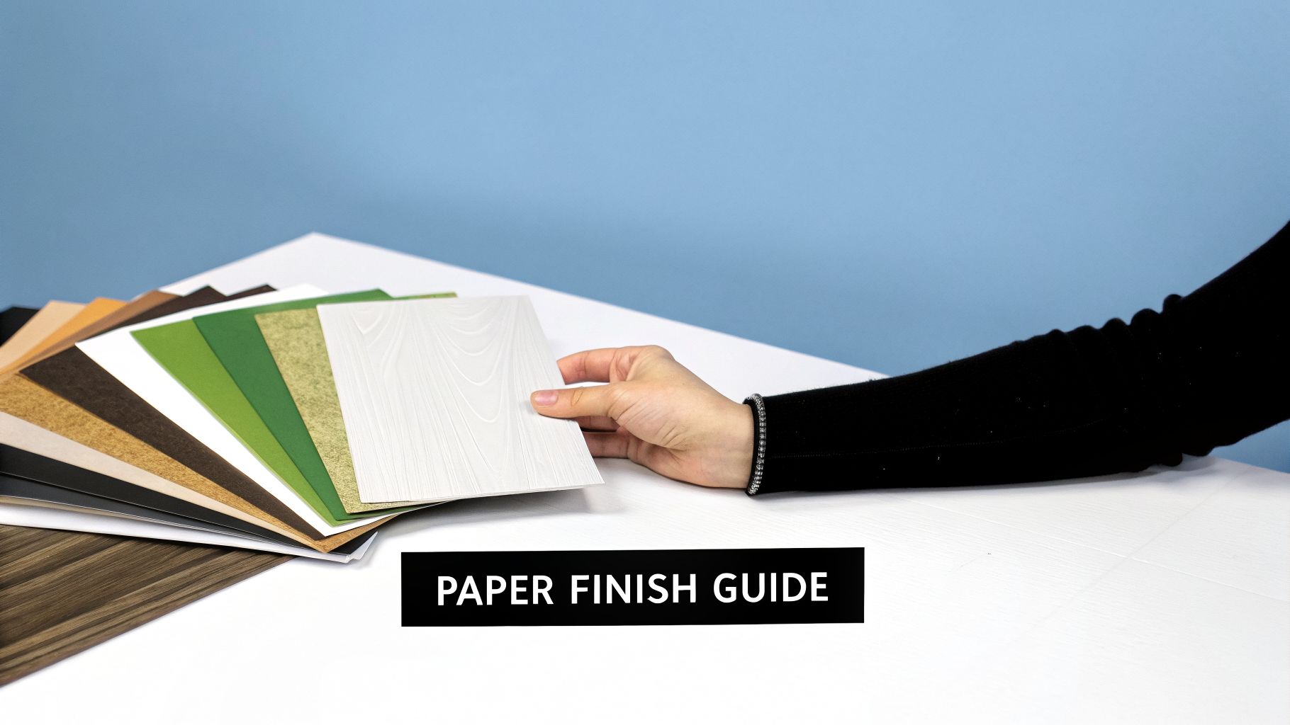 A hand presents a white textured paper sample from a guide of various colored paper swatches.