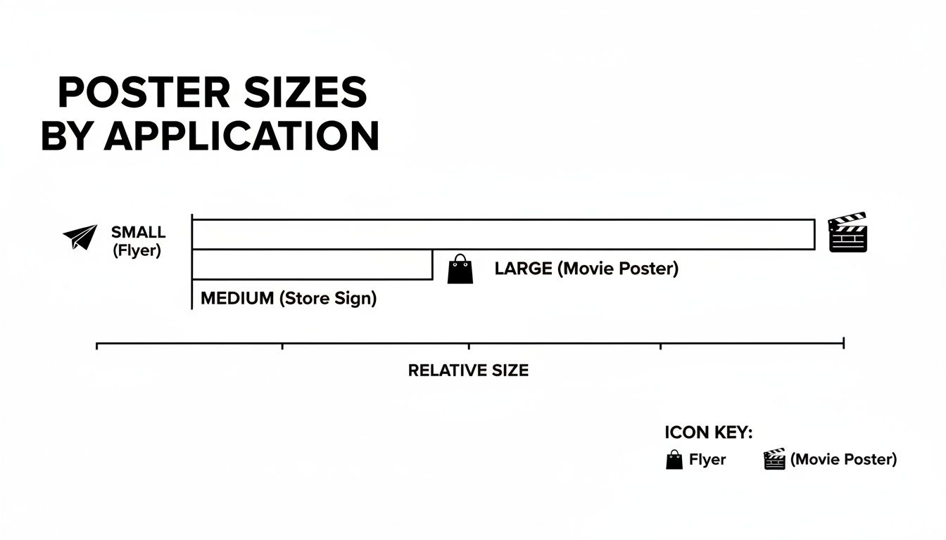 Visual guide to poster sizes based on their application, from small flyers to large movie posters.