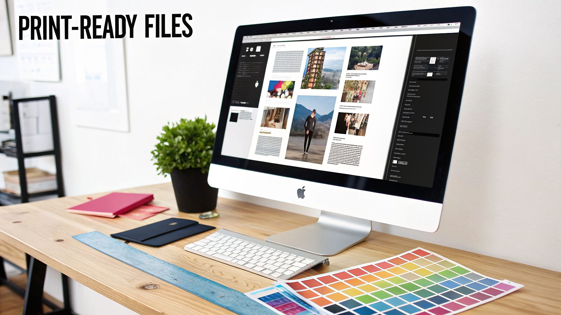 A desktop computer displaying print-ready files and design work, with a color palette chart on a wooden desk.