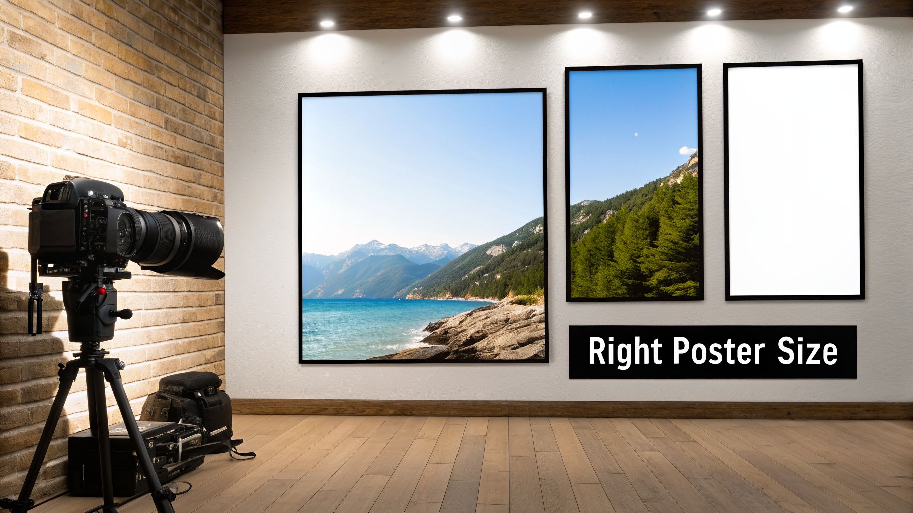 Professional camera on tripod, with framed landscape prints and a blank poster in a modern room.