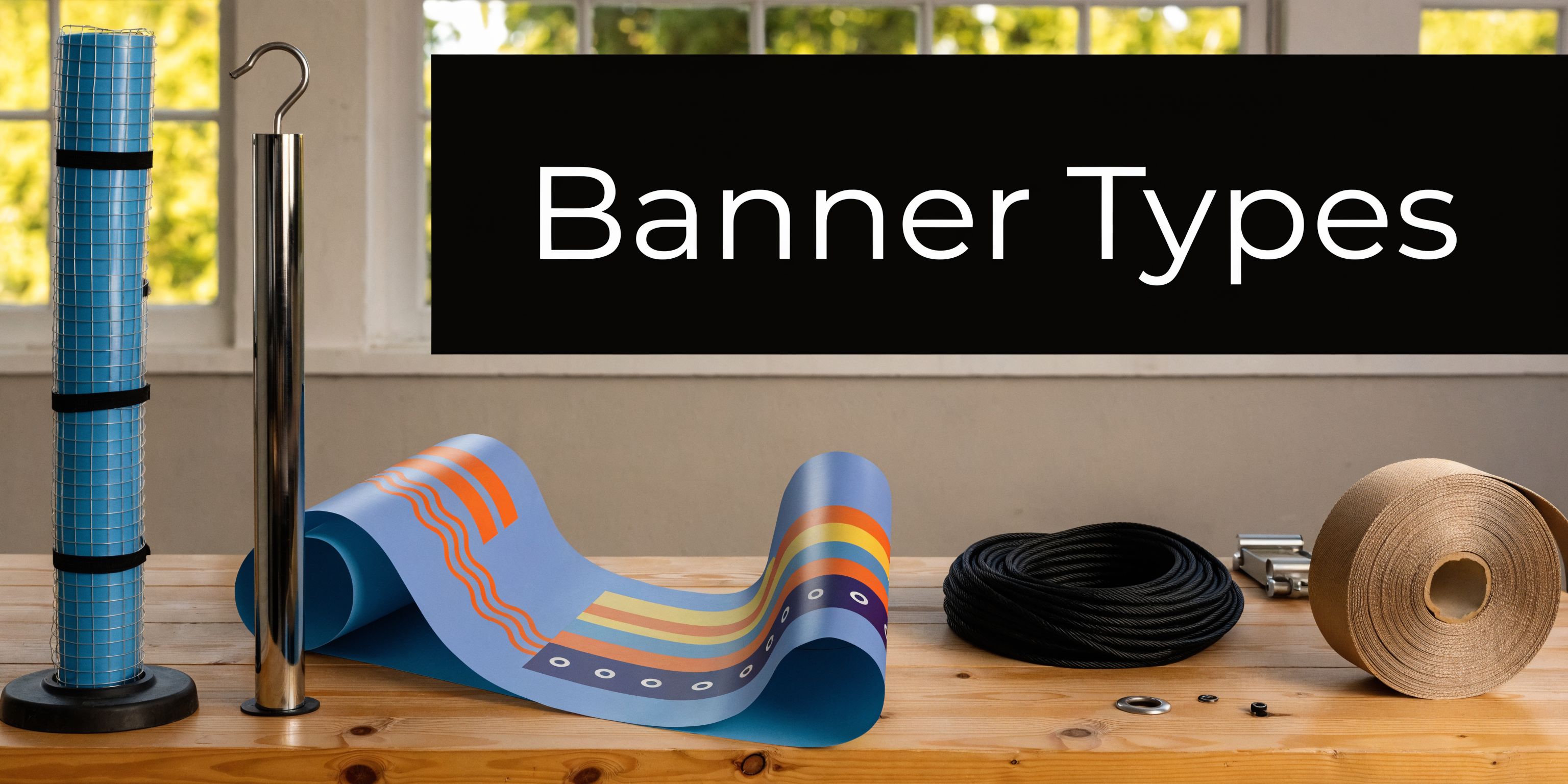 A wooden table featuring a roll-up banner, metal display pole, and various assembly accessories like rope and tape.