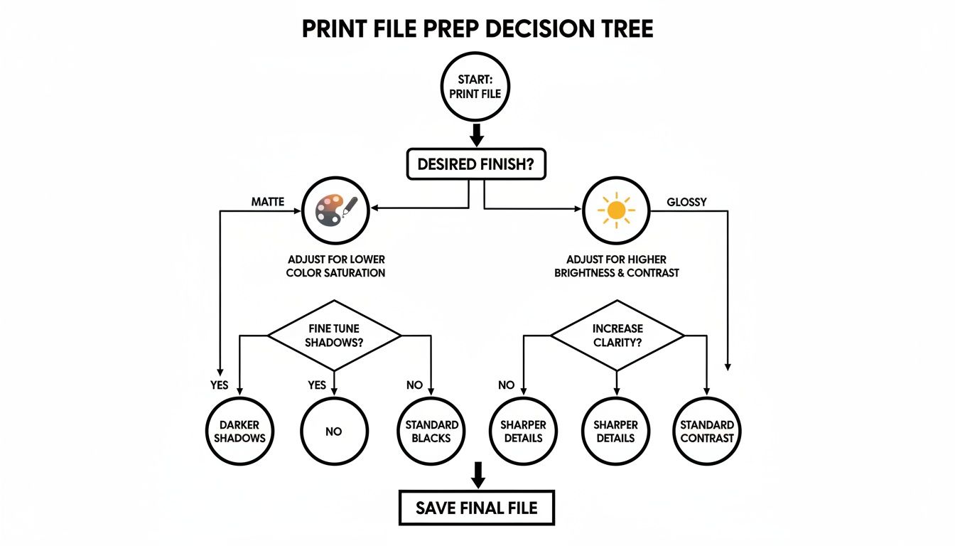 Decision tree for print file preparation, guiding adjustments for matte or glossy photo finishes.