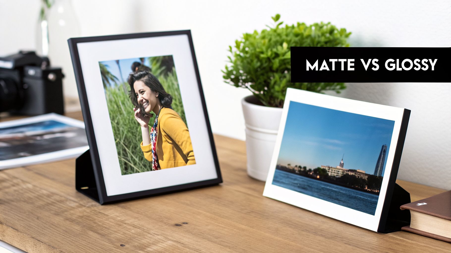 Two framed photos on a wooden desk, one matte of a woman, one glossy cityscape.
