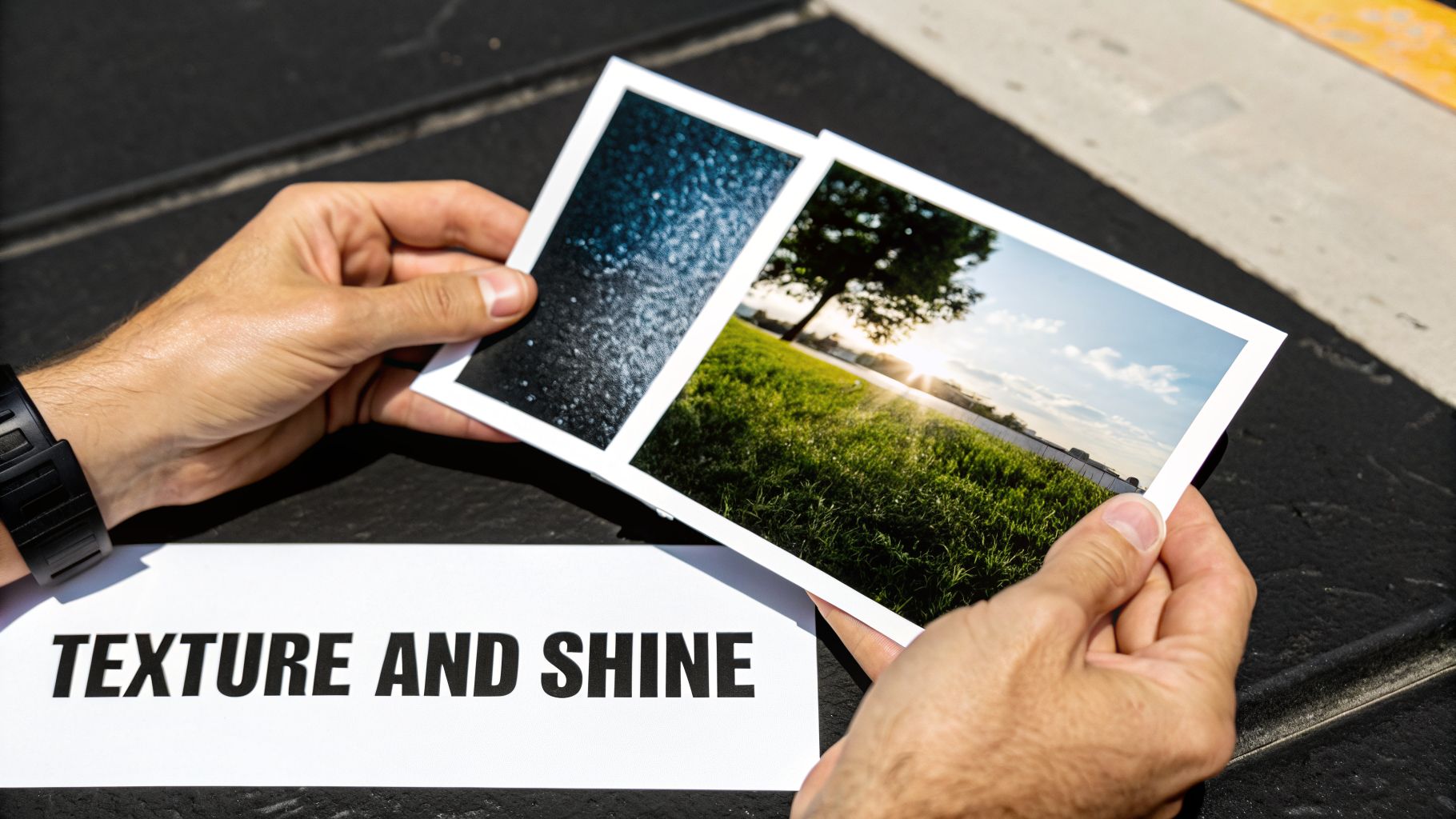 Hands hold two printed photos, one with blue glitter texture, the other a sunny grass landscape, with text 'TEXTURE AND SHINE'.