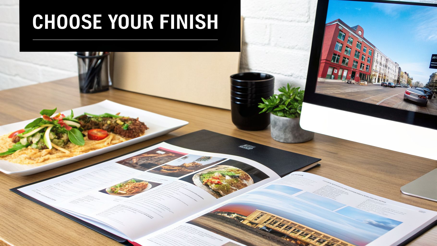 Professional desk with a plate of food, an open magazine, and a computer monitor.