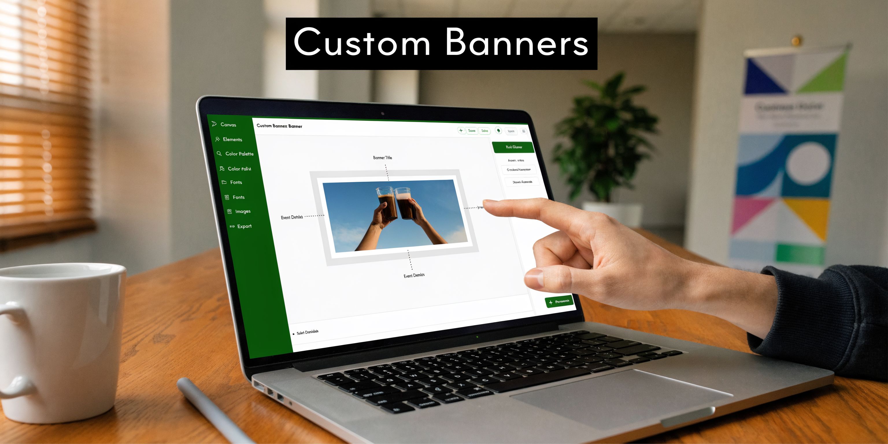 A person pointing at a laptop screen displaying a banner design tool for creating custom marketing materials.