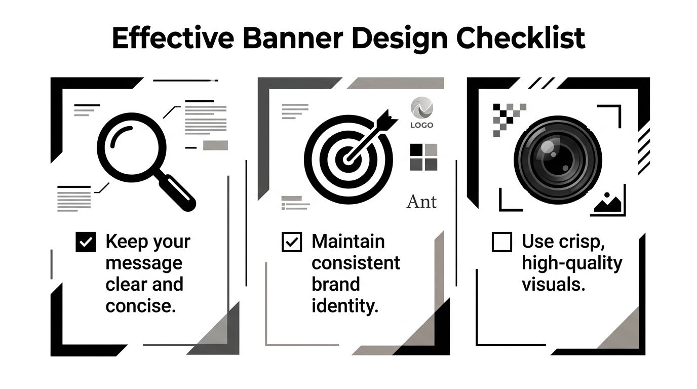 A checklist graphic titled Effective Banner Design with three points about clarity, branding, and image quality.