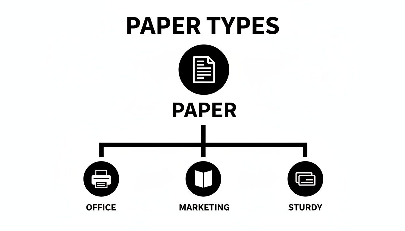 A flowchart diagram illustrating 'Paper Types' with branches for 'Office', 'Marketing', and 'Sturdy' paper.