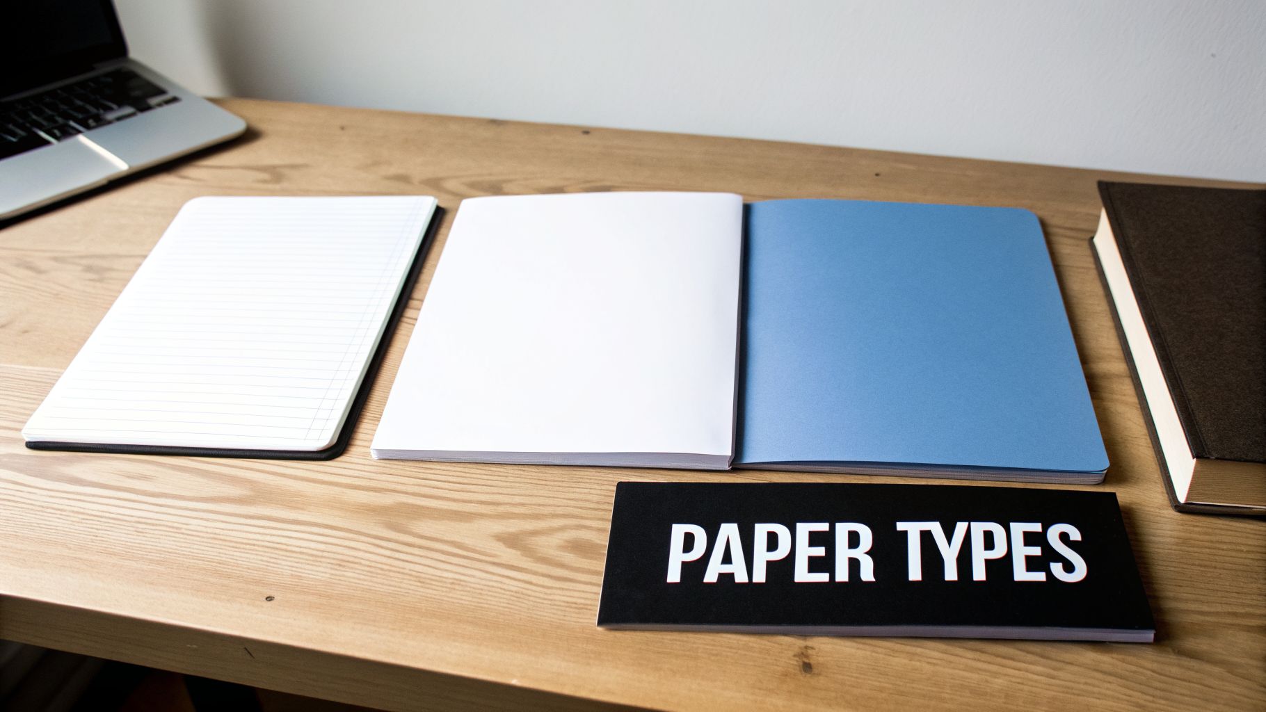 Different paper types: lined, blank, and blue notebooks on a wooden desk, with a 'PAPER TYPES' sign.