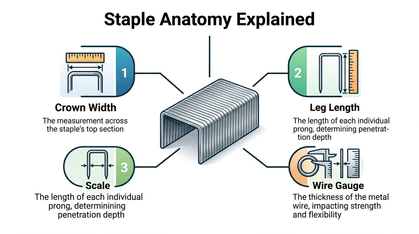 A diagram illustrating the anatomy of a staple, explaining crown width, leg length, scale, and wire gauge.