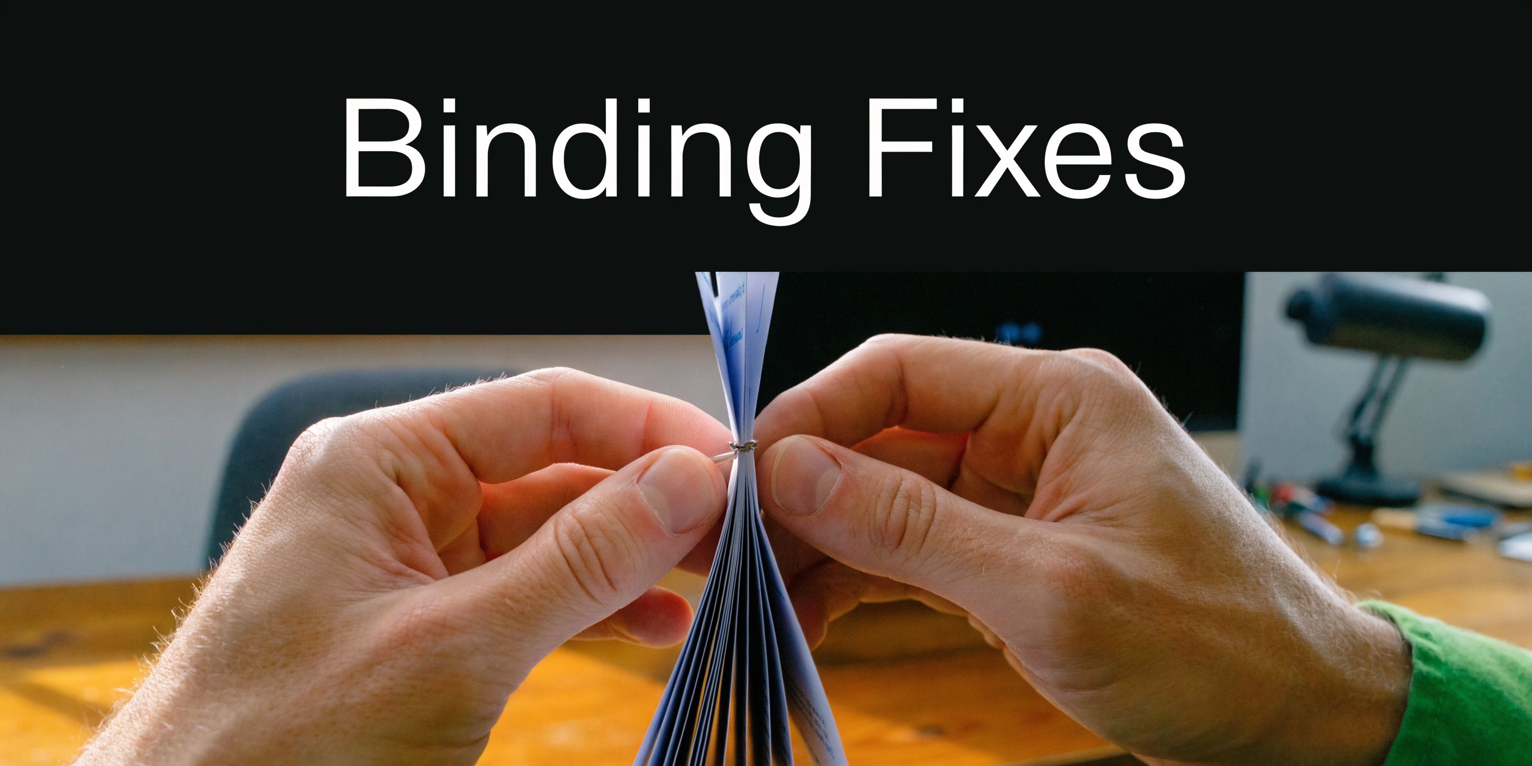 A close-up view of hands holding together the pages of a small document with a metal staple.