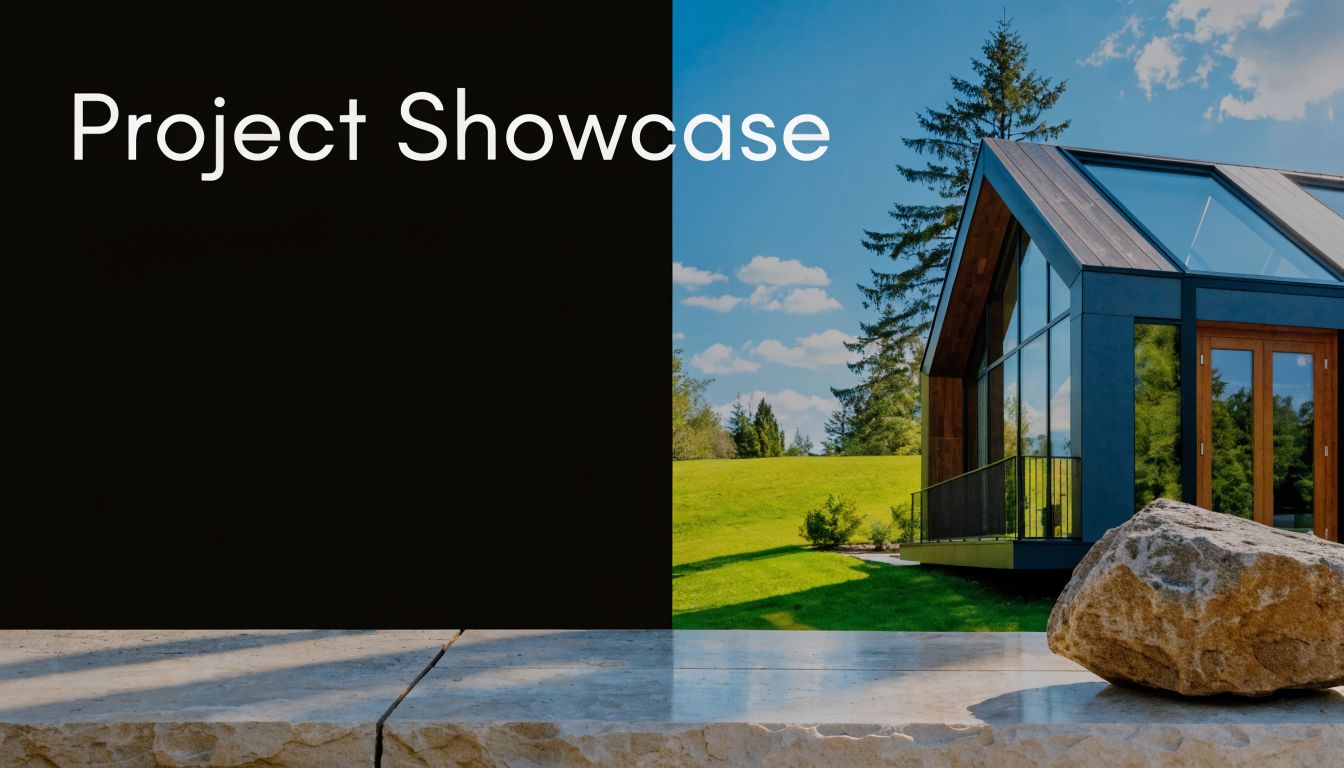 A modern architectural project showcase banner featuring a sleek house design beside a stone ledge.