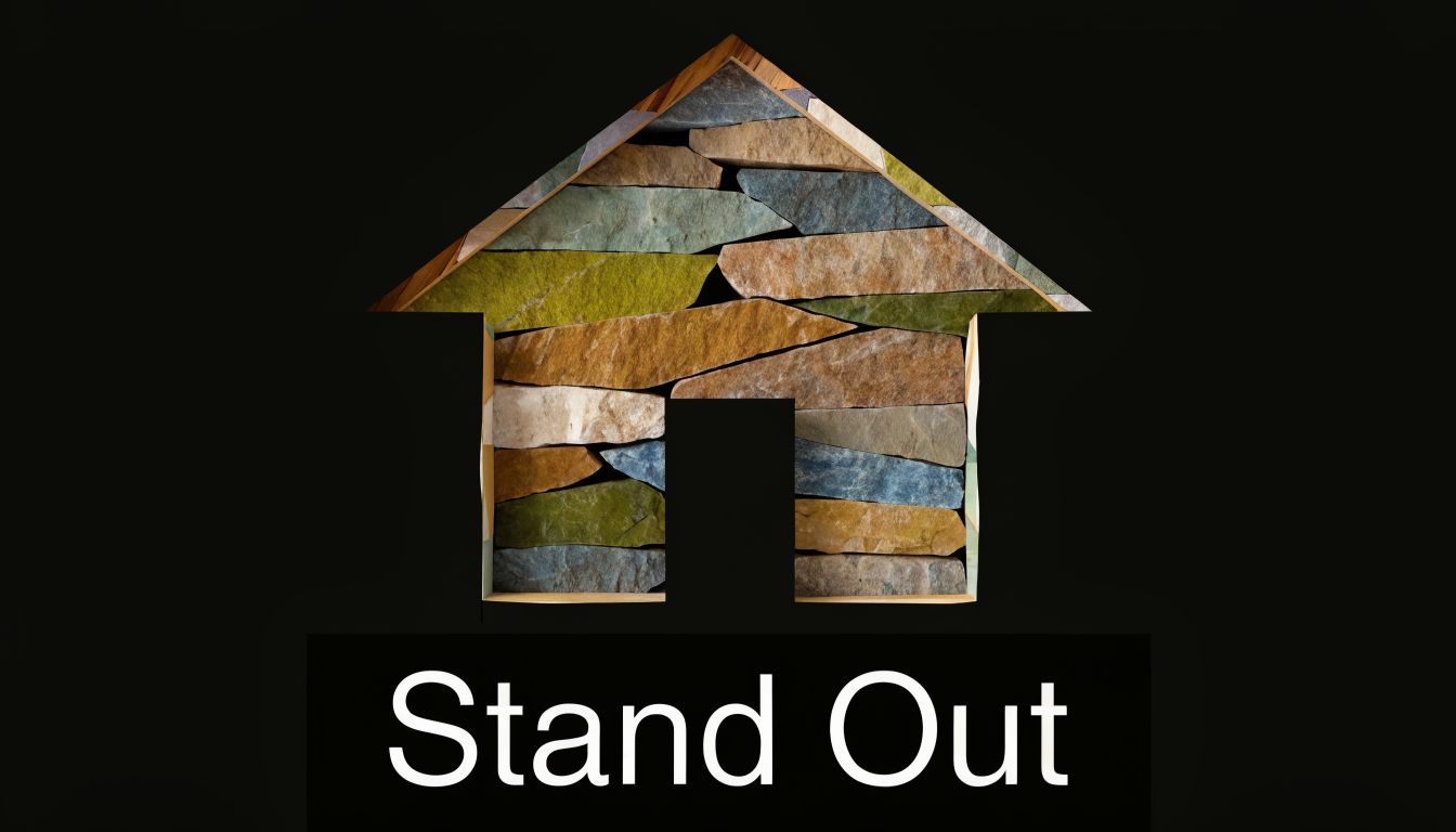 A house shape made of stacked natural stone tiles with the words Stand Out below it.