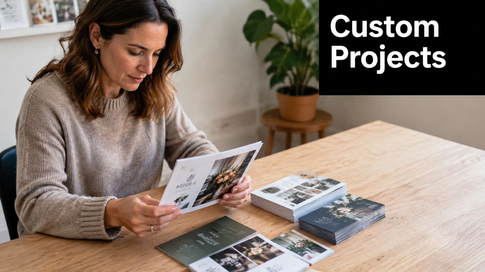 A woman reviewing custom printed marketing brochures and samples at a wooden office table.