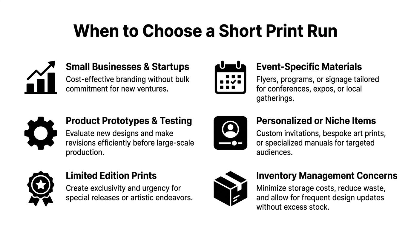 A list graphic titled When to Choose a Short Print Run, detailing benefits for small businesses and projects.