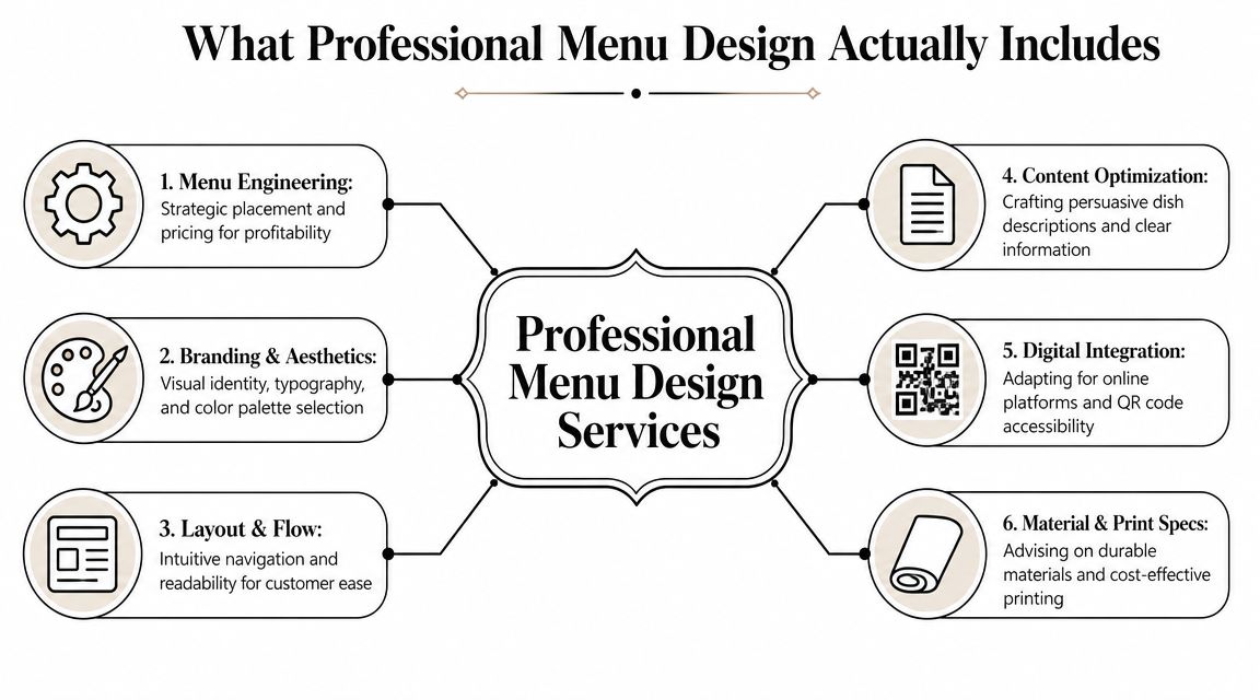 A professional infographic outlining six essential components of restaurant menu design services for business success.