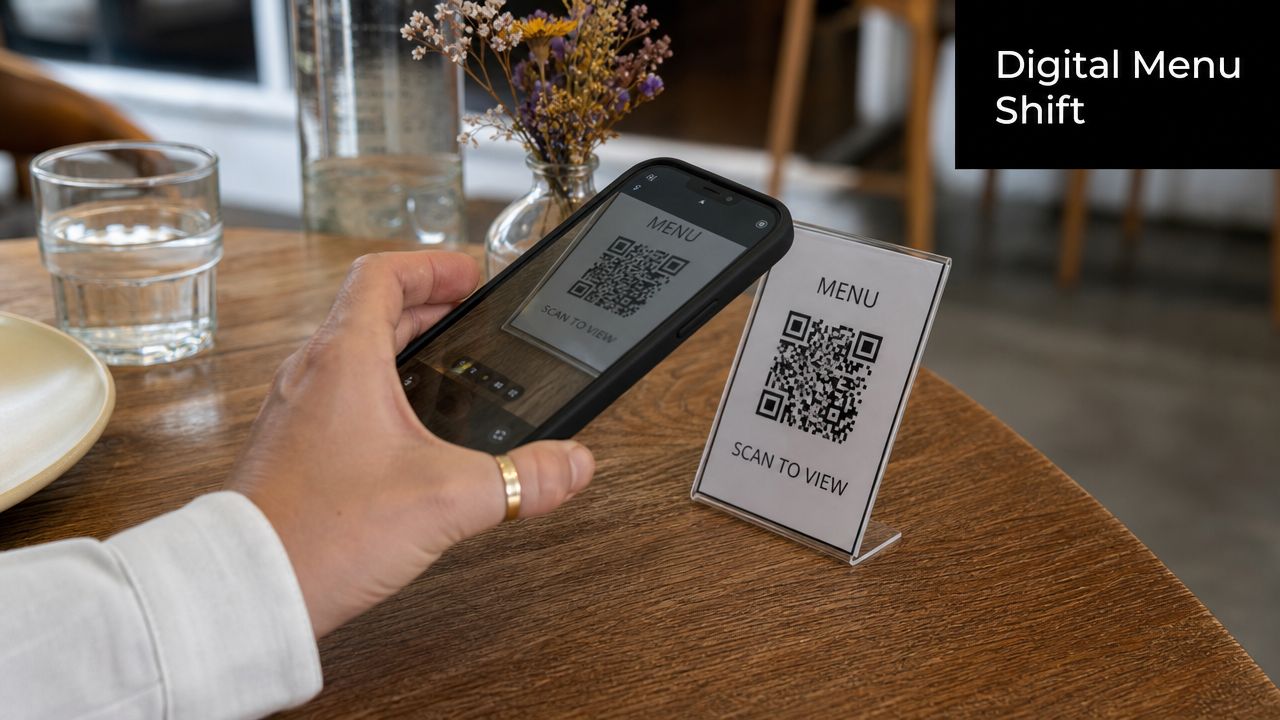 A hand holds a smartphone scanning a QR code on a table sign to view a restaurant menu.