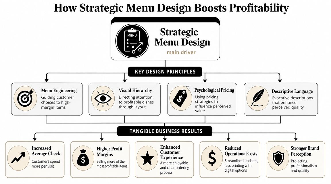 A flowchart illustrating how strategic menu design principles lead to increased profitability and better business results.