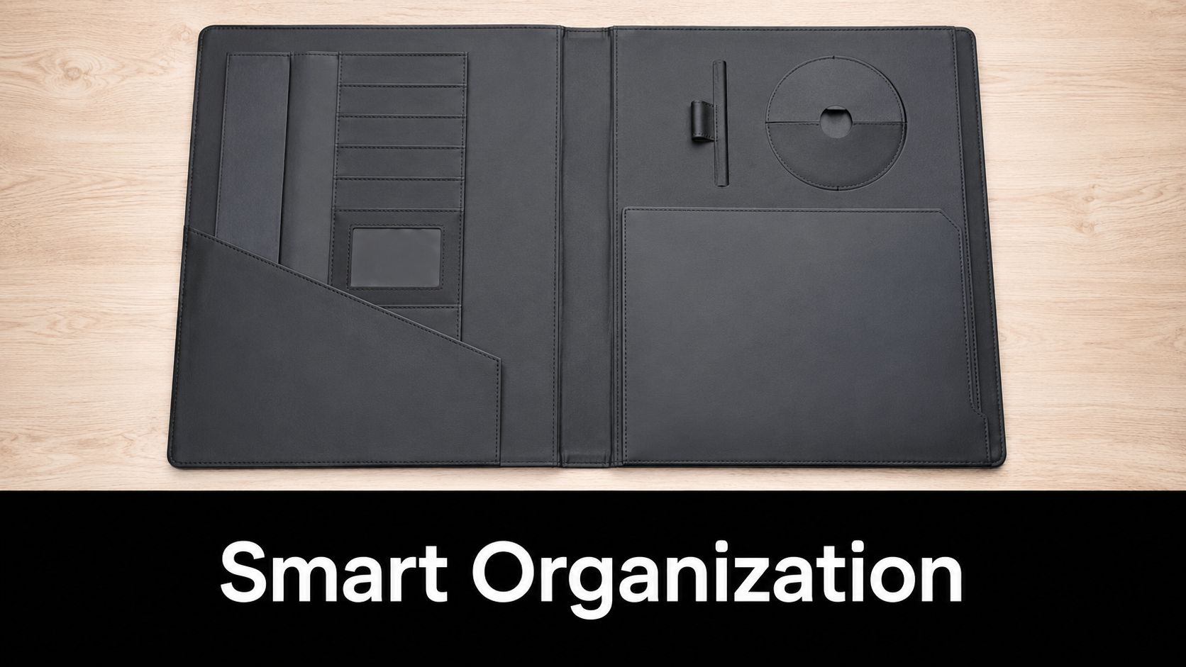 An open black leather presentation folder with various slots for cards, documents, and a pen holder.
