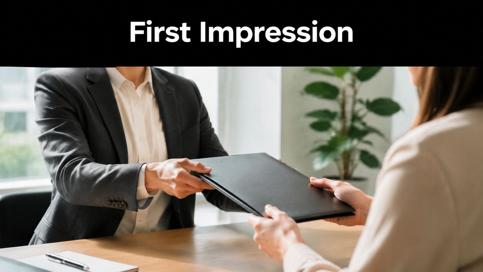 A professional business person handing a black presentation folder to another person across an office desk.