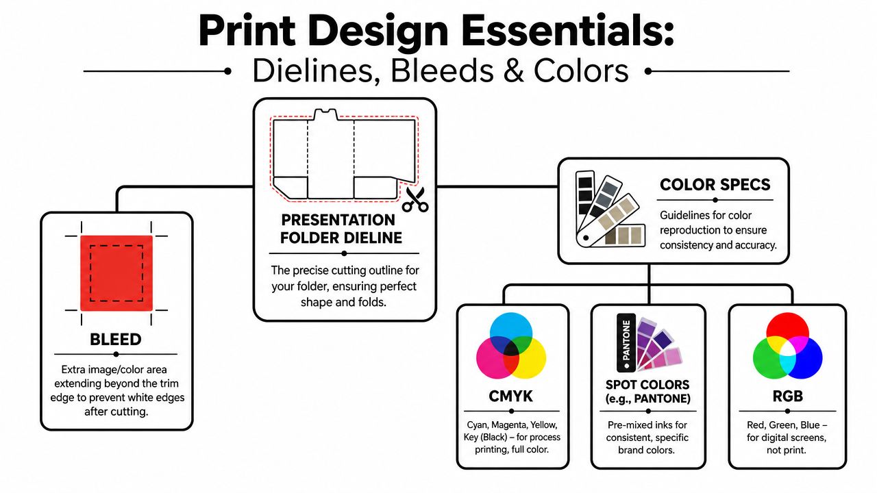 A diagram explaining print design essentials including bleeds, folder dielines, and color specifications like CMYK and RGB.