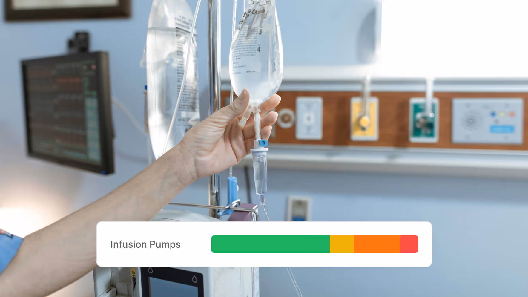 Hand adjusting an IV drip bag in a hospital room with medical equipment in the background and a graphic bar labeled Infusion Pumps.