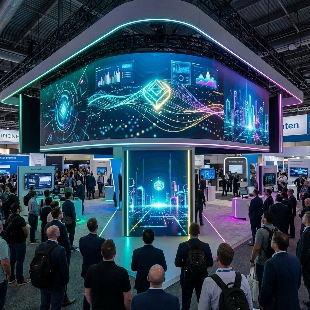 Conference with video displays around a booth