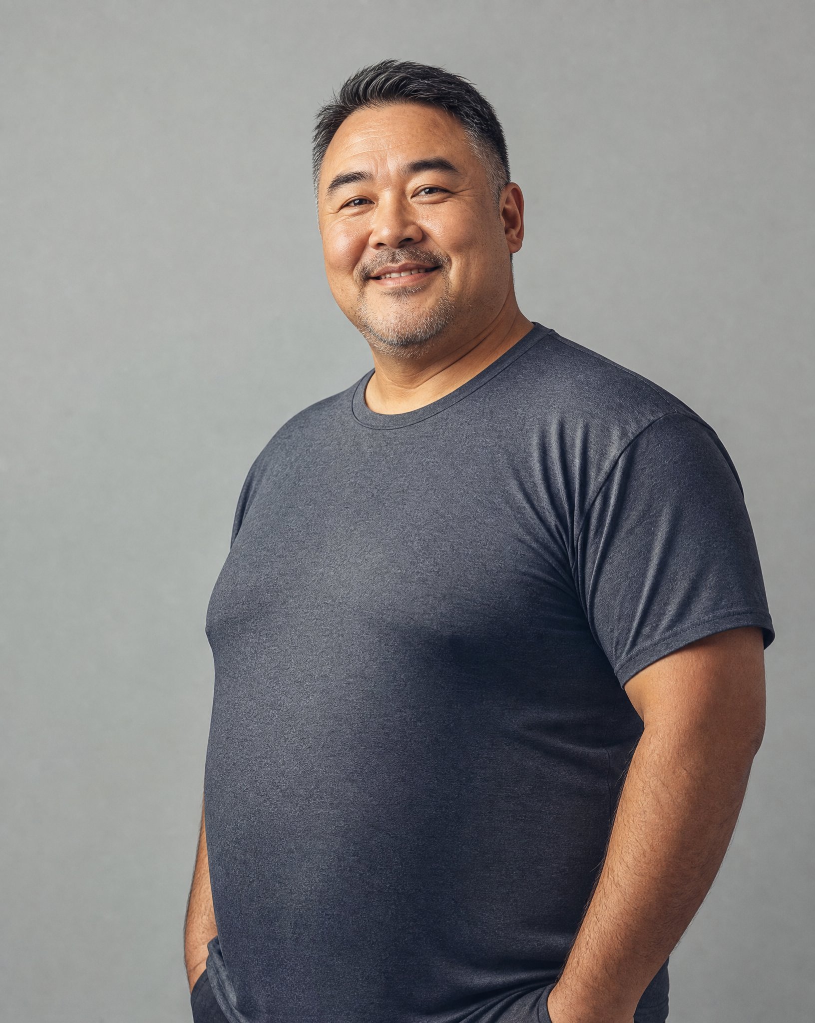 Smiling man in navy t-shirt