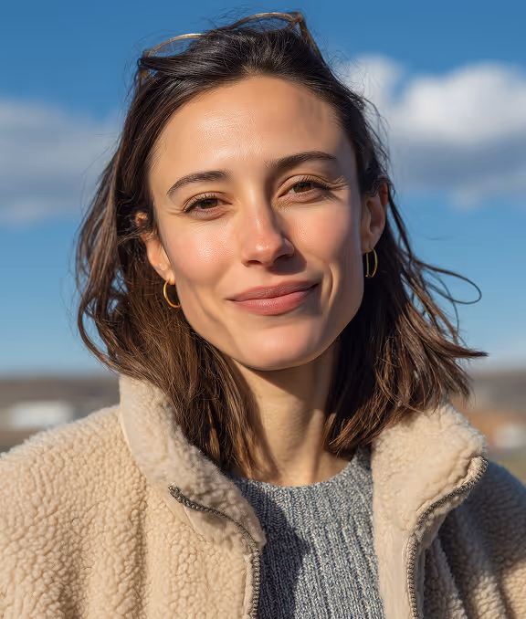 Smiling woman with short brown hair wearing a beige fleece jacket and gray sweater, outdoors with blue sky background.