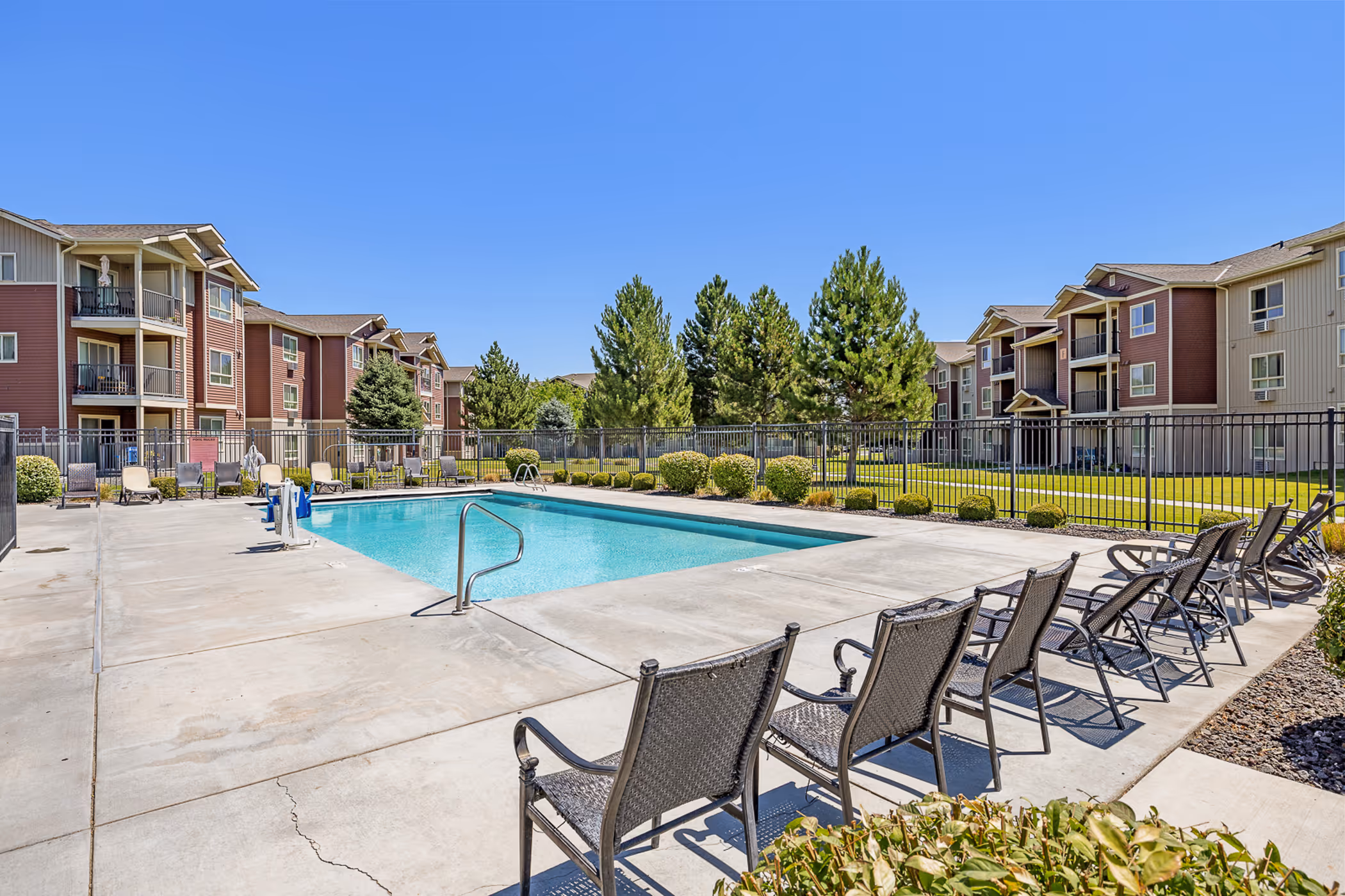 View of pool and apartments