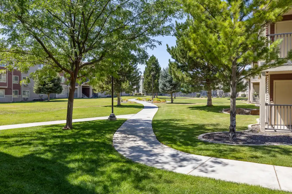 Sidewalk through community with grass and trees