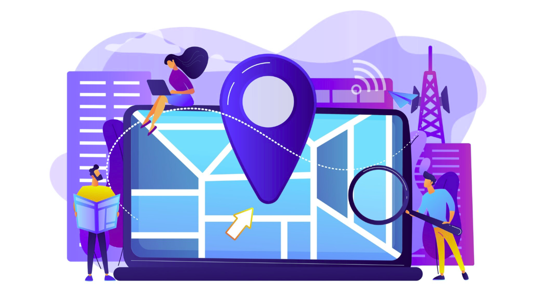 Illustration of a digital map and location pin representing site selection, zoning, and geographic compliance requirements