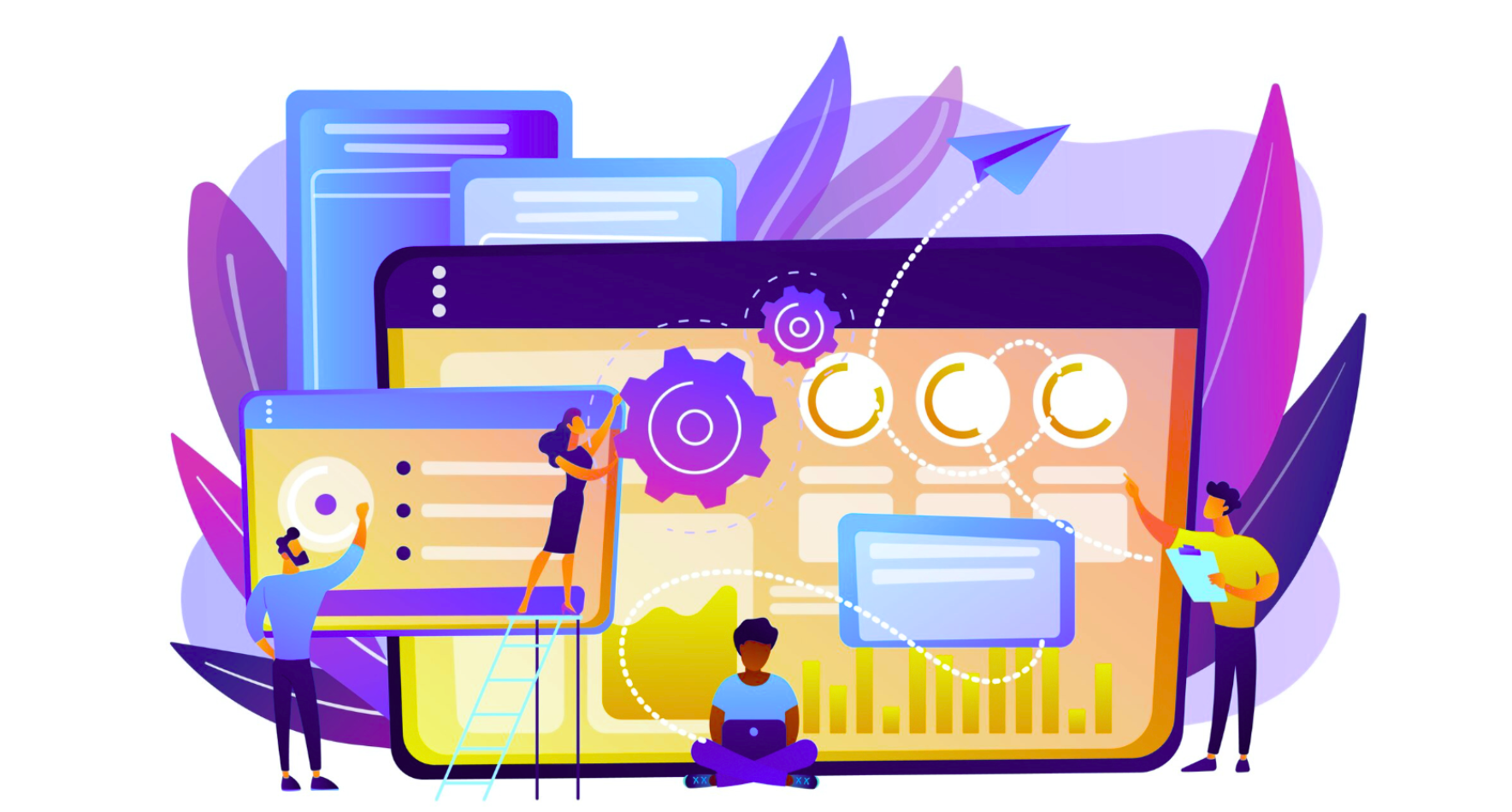 Illustration of integrated dashboards and tools used to manage ongoing business operations and compliance