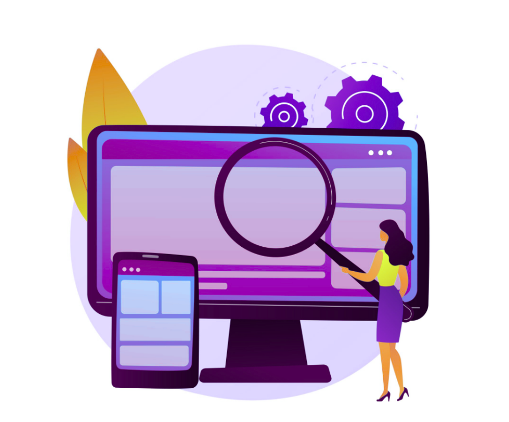 Illustration of a person standing next to a large computer screen with interface panels and settings icons.